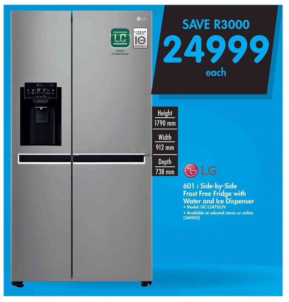 LG 601L SidebySide Frost Free Fridge with Water and Ice Dispenser