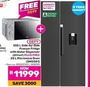 Game Defy 555L Side By Side Freezer/Fridge With Water Dispenser DFF647 Plus Free 20L Microwave Oven DMO38 offer