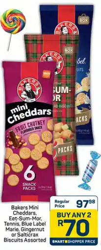 Pick n Pay Hypermarket Bakers Mini Cheddars, Eet-Sum-Mor, Tennis, Blue Label Marie, Gingernut or Salticrax Biscuits Assorted offer