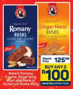 Pick n Pay Hypermarket Bakers Romany Creams, Ginger Nuts, Blue Label Marie or Nutticrust Rusks offer