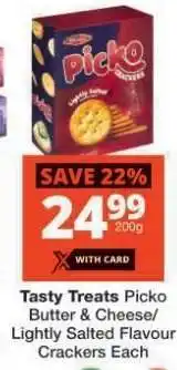 Checkers Tasty Treats Picko Butter & Cheese/Lightly Salted Flavour Crackers Each offer