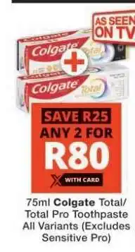 Checkers Colgate Total/Total Pro Toothpaste offer