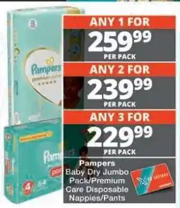 Checkers Pampers Baby Dry Jumbo Pack/Premium Care Disposable Nappies/Pants offer
