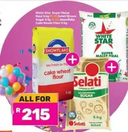 Game White Star Super Maize Meal 5 kg PLUS Selati Brown Sugar 5 kg PLUS Snowflake Cake Wheat Flour 5 kg offer