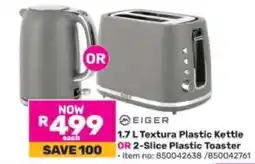 Game Eiger 1.7 L Textura Plastic Kettle OR 2-Slice Plastic Toaster offer