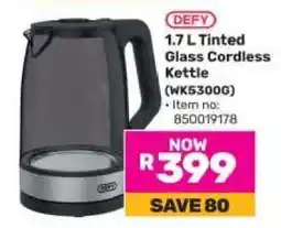 Game DEFY 1.7 L Tinted Glass Cordless Kettle offer
