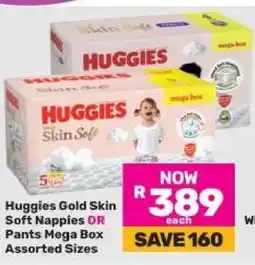 Game Huggies Gold Skin Soft Nappies OR Pants Mega Box Assorted Sizes offer