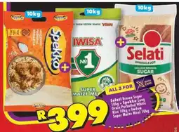 Shoprite Selati Brown Sugar 10kg + Spekko Long Grain Parboiled White Rice 10kg + Iwisa Super Maize Meal 10kg offer