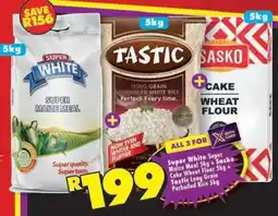 Shoprite Super White Super Maize Meal 5kg + Sasko Cake Wheat Flour 5kg + Tastic Long Grain Parboiled Rice 5kg offer