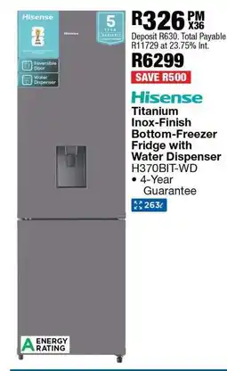 OK Furniture Hisense Titanium Inox-Finish Bottom-Freezer Fridge with Water Dispenser H370BIT-WD offer
