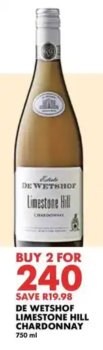 Woolworths DE WETSHOF LIMESTONE HILL CHARDONNAY offer