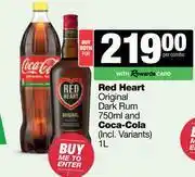 Spar Tops Red Heart Original Dark Rum 750ml & Coca Cola 1L-For Both offer