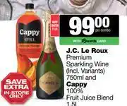 Spar Tops J.C.Le Roux Premium Sparkling Wine 750ml & Cappy 100% Fruit Juice Blend 1.5L-For Both offer