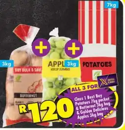 Shoprite Class 1 Best Buy Potatoes 7kg pocket & Butternut 3kg bag & Golden Delicious Apples 3kg bag offer