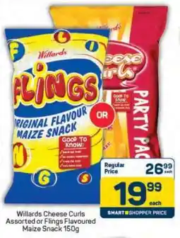 Pick n Pay Willards Cheese Curls Assorted or Flings Flavoured Maize Snack 150g offer