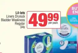Spar Lil-lets Liners Drylock Bladder Weakness Regular 34s offer