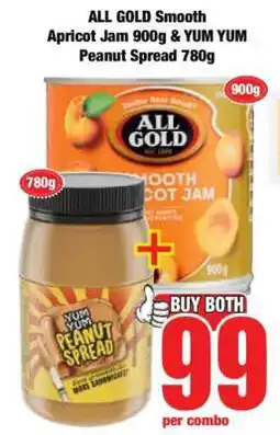 Boxer ALL GOLD Smooth Apricot Jam 900g & YUM YUM Peanut Spread 780g offer