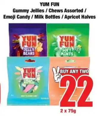 Boxer YUM FUN Gummy Jellies / Chews Assorted / Emoji Candy / Milk Bottles / Apricot Halves offer