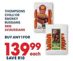 Econo Foods Thompsons chilli or smokey russians offer