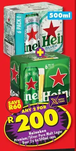 Shoprite Heineken Premium/Silver Pure Malt Lager Beer 2 x 6x500ml cans offer