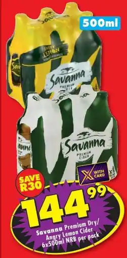Shoprite Savanna Premium Dry/Angry Lemon Cider 6x500ml NRB per pack offer