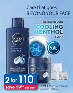 Clicks Nivea Men Body Cream or Lotion 400 ml offer