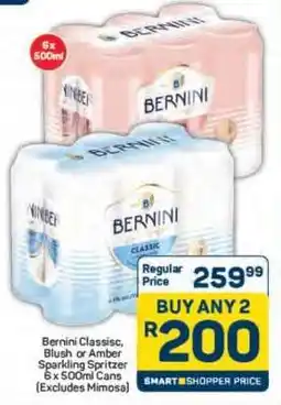 Pick n Pay Bernini Classic, Blush or Amber Sparkling Spritzer 6 x 500ml Cans (Excludes Mimosa) offer