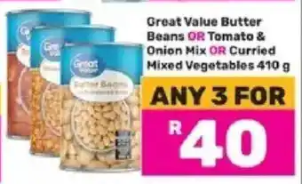 Game Great Value Butter Beans or Tomato & Onion Mix or Curried Mixed Vegetables offer