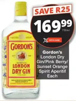 Checkers Liquor Shop Gordon's London Dry Gin/ Pink Berry/ Sunset Orange Spirit Aperitif offer