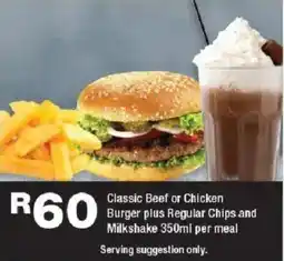 OK urban Classic Beef or Chicken Burger plus Regular Chips and Milkshake offer