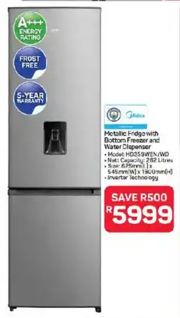 Pick n Pay Midea Metallic Fridge with Bottom Freezer and Water Dispenser offer