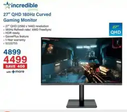 Incredible Connection Incredible 27" QHD 180Hz Curved Gaming Monitor offer