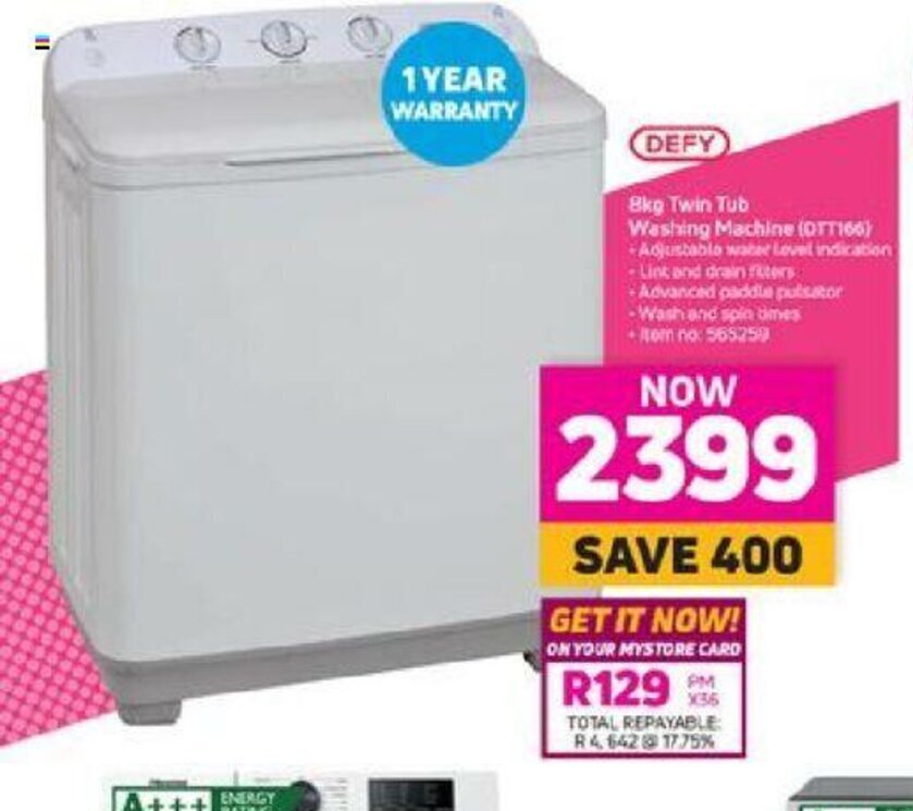 Defy 8kg Twin Tub Washing Machine DTT166 Offer At Game