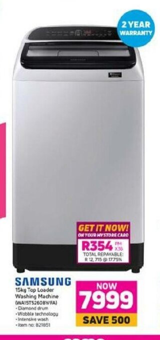 Game Samsung - 15kg Top Loader Washing Machine (WA15T5260BY/FA) offer