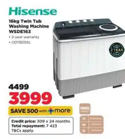 HiFi Corp Hisense 16kg Twin Tub Washing Machine WSDE163 offer