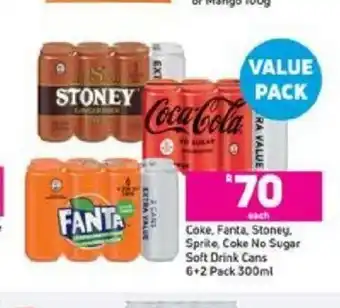 Game Coke, Fanta, Stoney, Sprite, Coke No Sugar Soft Drink Cans 6+2 Pack 300ml offer