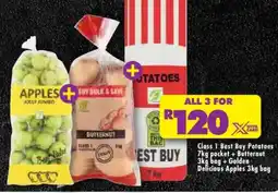 Shoprite Class 1 Best Buy Potatoes 7kg pocket & Butternut 3kg bag & Golden Delicious Apples 3kg bag offer