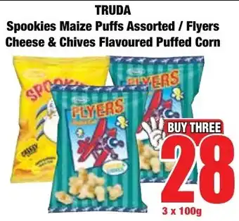 Boxer Superstores Truda Spookies Maize Puffs Assorted/ Flyers Cheese & Chives Flavoured Puffed Corn offer