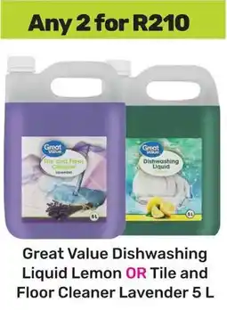 Game Great Value Dishwashing Liquid Lemon OR Tile and Floor Cleaner Lavender offer