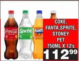 Advance Cash n Carry Coke, Fanta, Sprite, Stoney PET 750ml x 12's offer