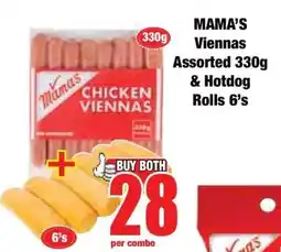 Boxer MAMA’S Viennas Assorted 330g & Hotdog Rolls 6’s offer