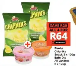 Checkers Simba Chipniks Snack & Epic Dip All Variants offer