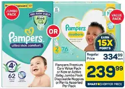 Pick n Pay Hypermarket Pampers Premium Care Value Pack or New or Active Baby Jumbo Pack Disposable Nappies or Pants Assorted offer
