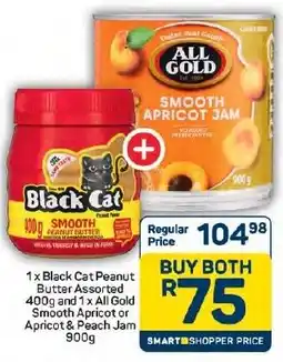 Pick n Pay Hypermarket Black Cat Peanut Butter Assorted and All Gold Smooth Apricot or Apricot & Peach Jam offer