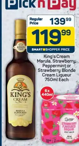 Pick n Pay King's Cream Marula, Strawberry, Peppermint or Strawberry Blonde Cream Liqueur 750ml Each offer