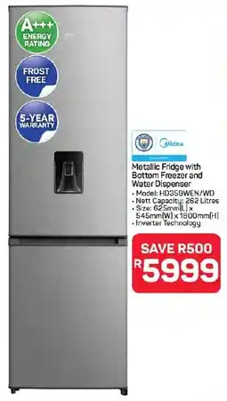 Pick n Pay Hypermarket Midea Metallic Fridge with Bottom Freezer and Water Dispenser offer