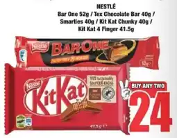Boxer Nestlé Bar One/ Tex Chocolate Bar/ Smarties/ Kit Kat Chunky/ Kit Kat 4 Finger offer