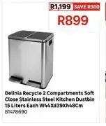 Leroy Merlin Delinia Recycle 2 Compartments Soft Close S/S Kitchen Dustbin 15L W44 x D39 x H48cm 81478690 offer