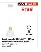 Leroy Merlin Inspire Pendant Light E27 x 1 D18cm Metal Matt White With Wood Natural Venosa 81485599 offer