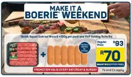 Pick n Pay Bomb Squad Oukraal Wors 6 x120g per pack and PnP Hotdog Rolls 6s offer